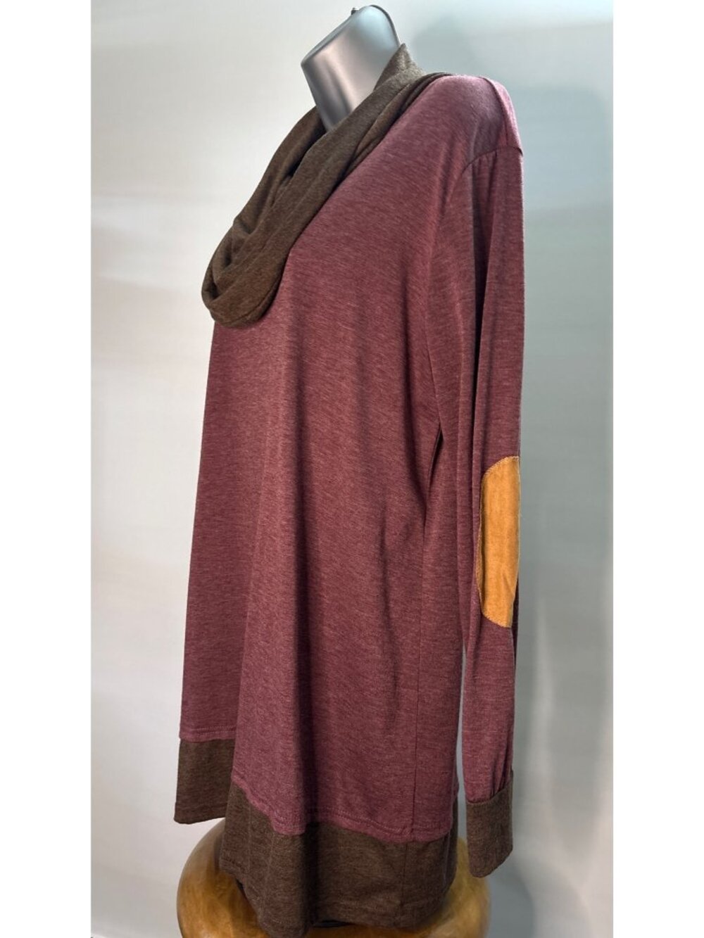 Women's Cowl Neck Scarf Pullover Blouse Turtleneck Burgundy Elbow Patches Tunic - Picture 4 of 16
